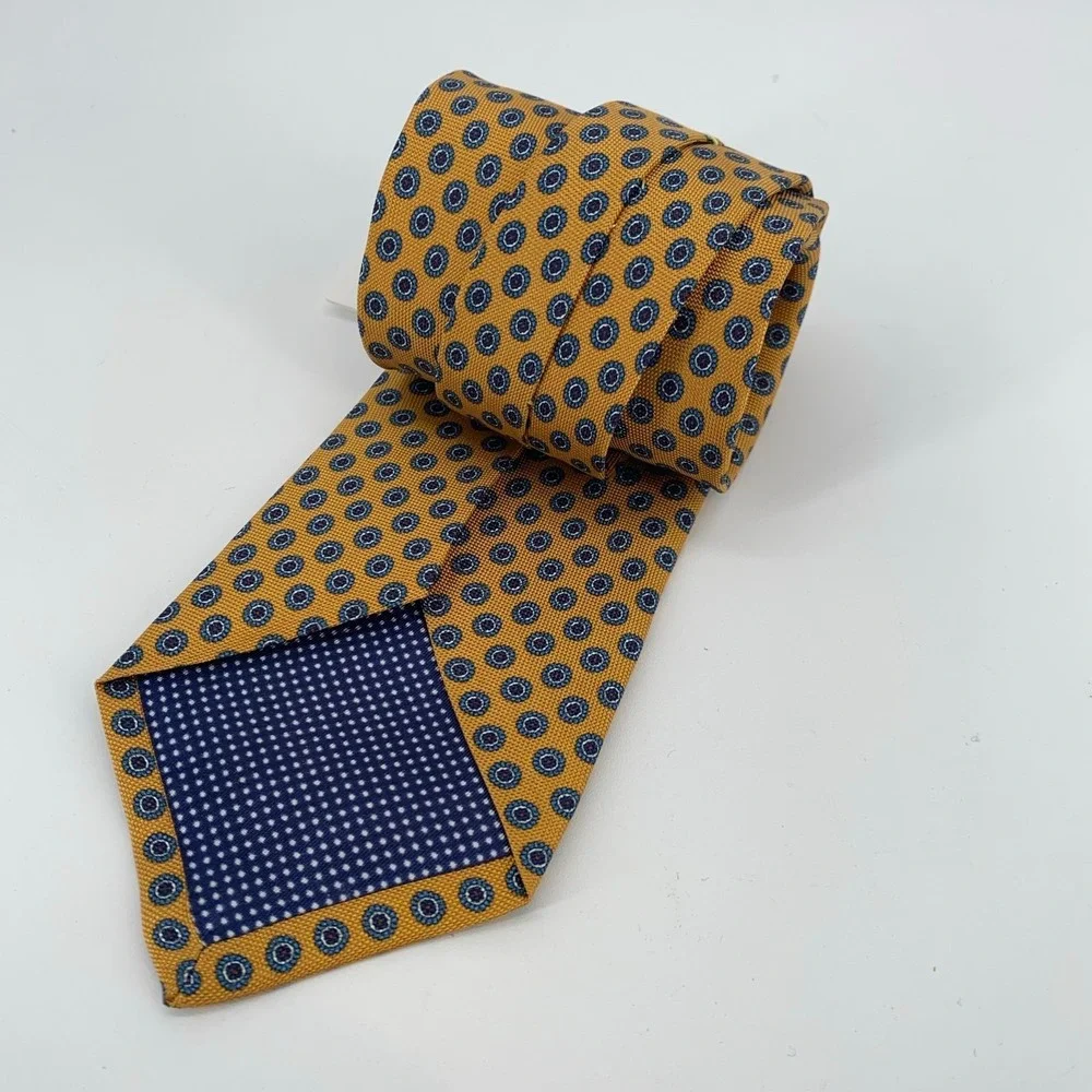 Eton Tie Mens One Size Yellow Blue Patterned Silk Classic Necktie Italy Made NWT